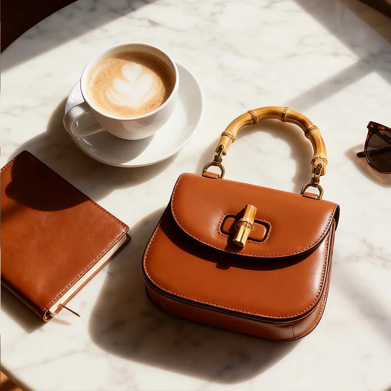 Vintage Bamboo Leather Crossbody Satchel for Women