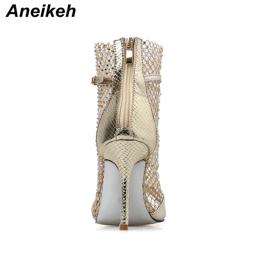 Aneikeh Glitter Gladiator Air Mesh Sexy Sandals High Heel Peep Toe Stripper Zipper Party Thin Heels Pumps