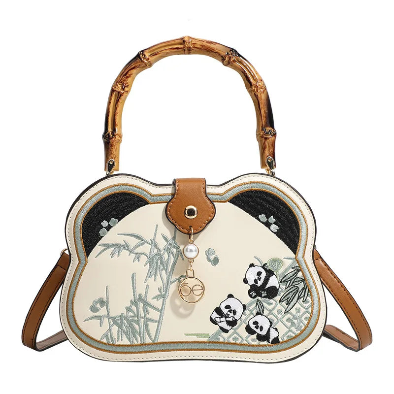 Panda Embroidery Handbag with Bamboo Handle