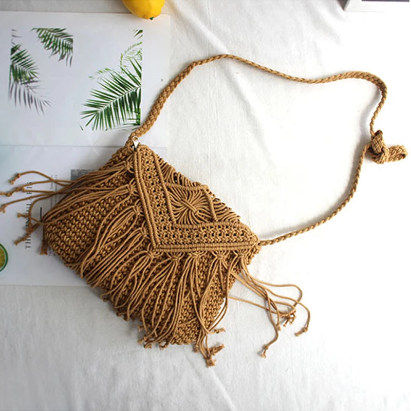 Handmade Cotton Woven Tassel Crossbody Bag for Women