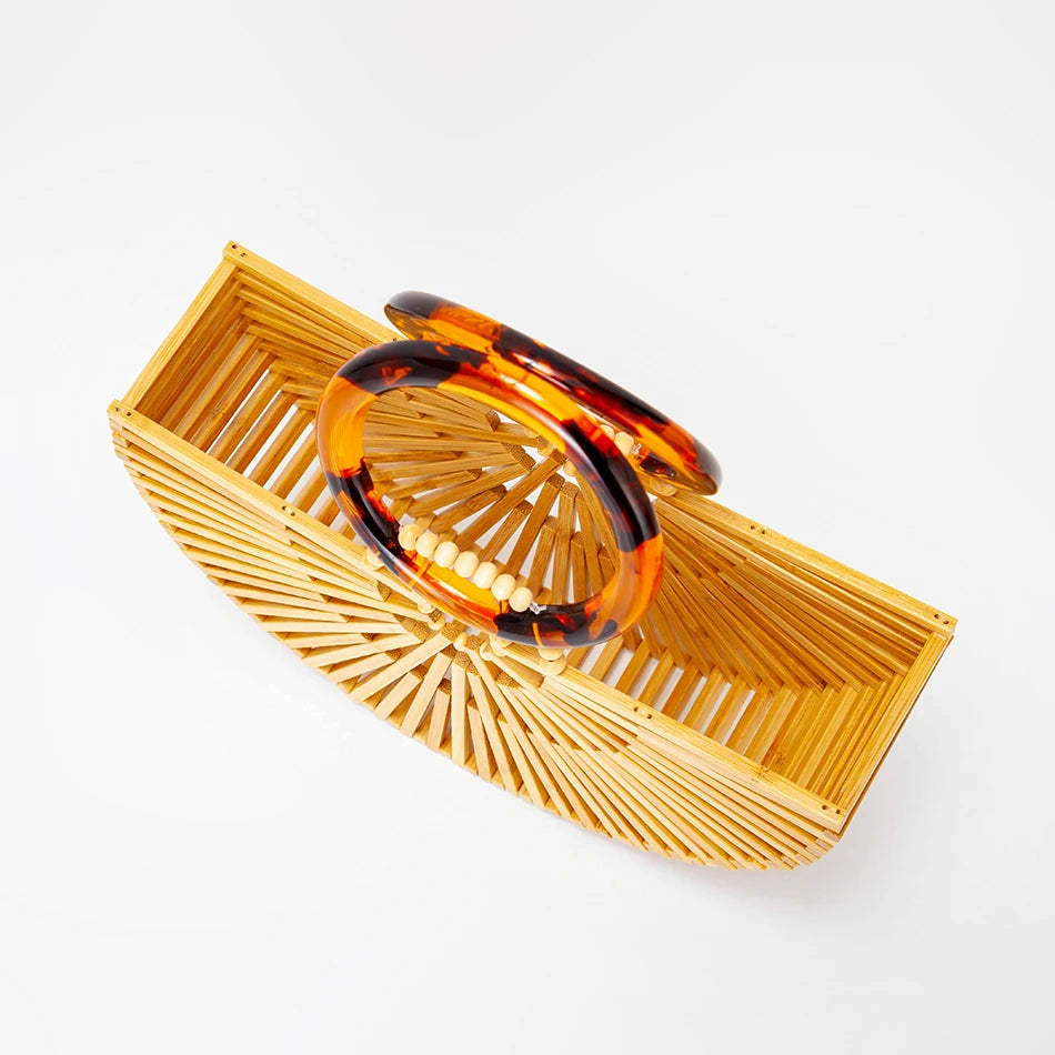 Vintage Half Round Bamboo Beach Bag with Acrylic Handle