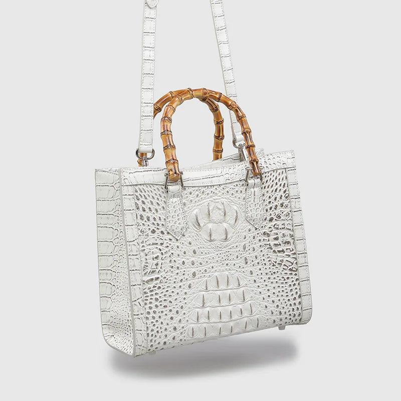 Crocodile Pattern Leather Shoulder Bag with Bamboo Handle
