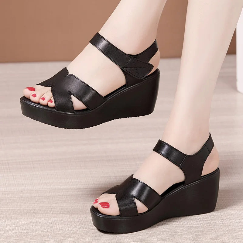 Soft Leather Med Heel Wedge Sandals for Office Beach Plus Size 33-43