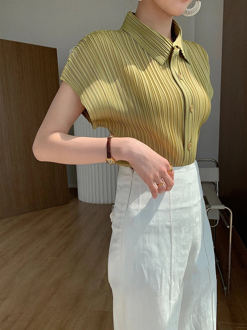 Miyake Pleated Short Sleeve Polo Cardigan