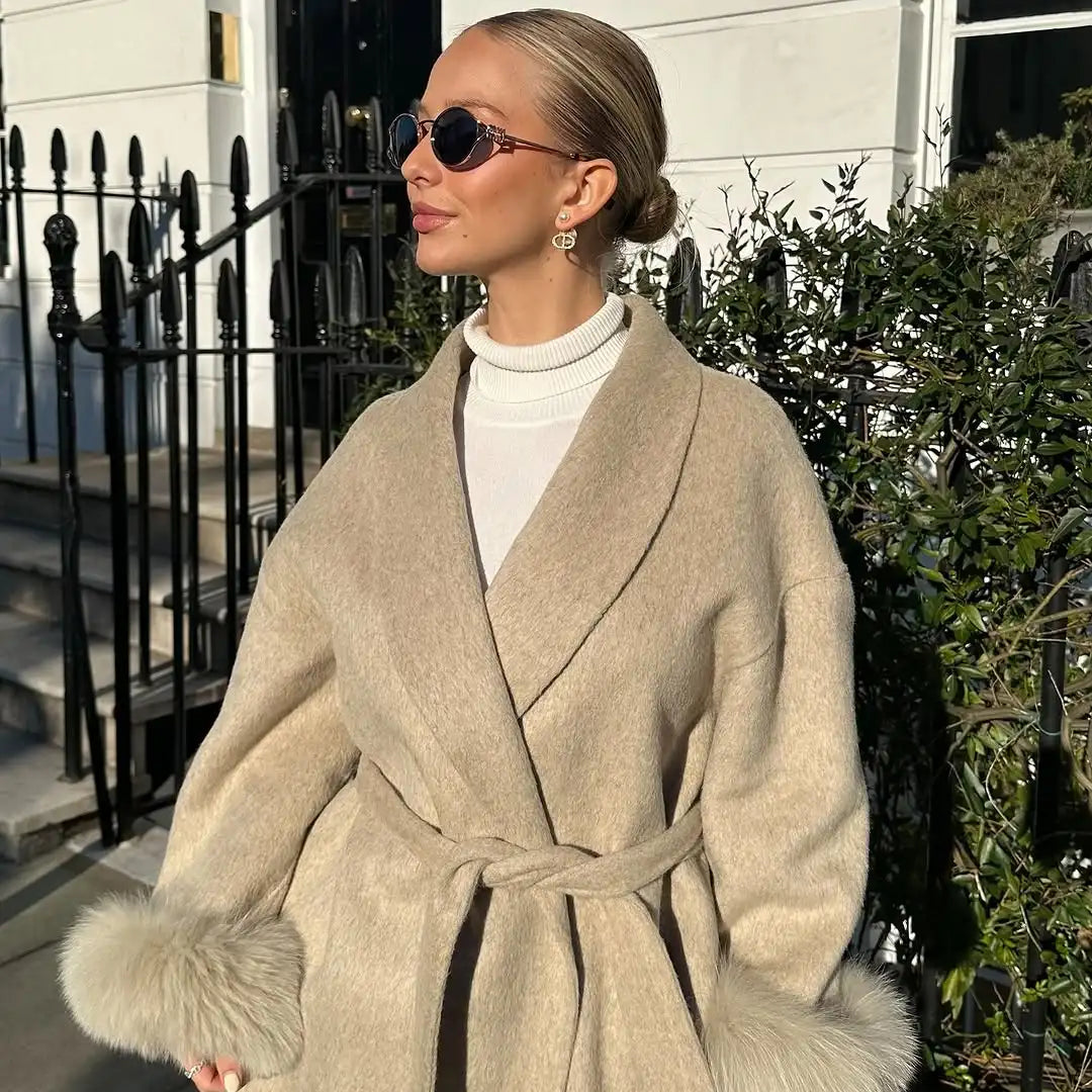 Fur Patchwork Woolen Short Coat Fashion Solid Lace Up Lapel Furry Belt Long Sleeve Loose Jacket  2025 New Autumn Winter Cardigan