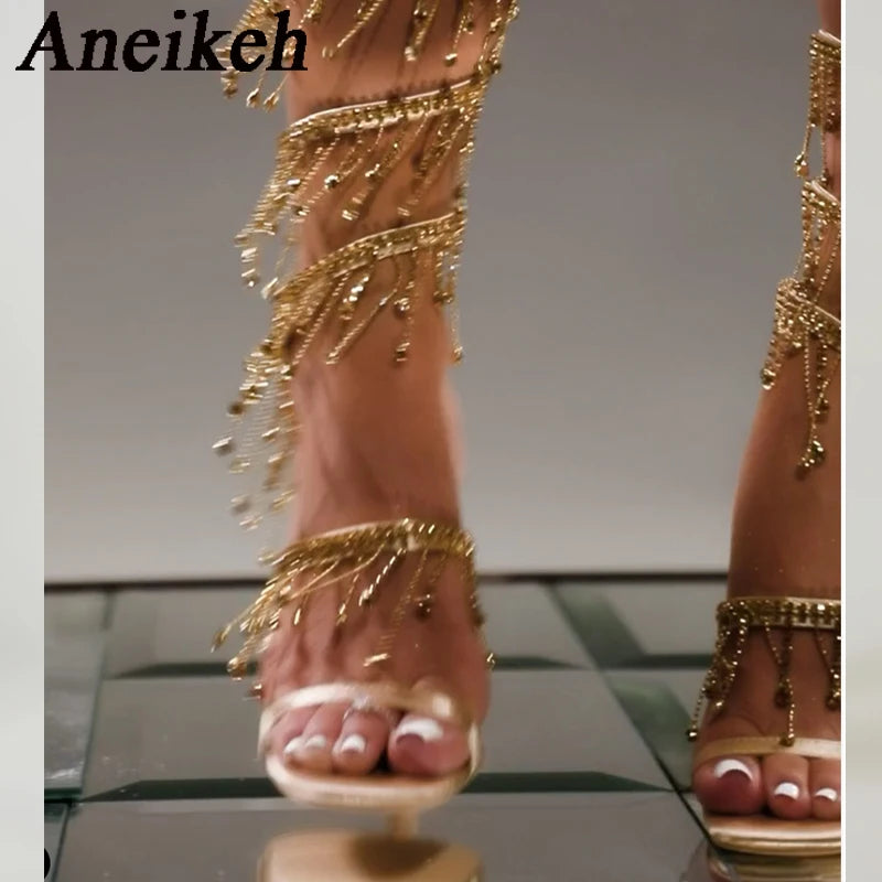 Aneikeh Silk Rhinestone String Bead Ankle Strap High Heel Sandals