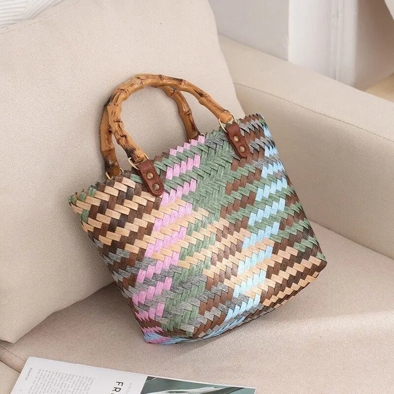 Vintage Rattan Woven Basket Bag with Bamboo Handle