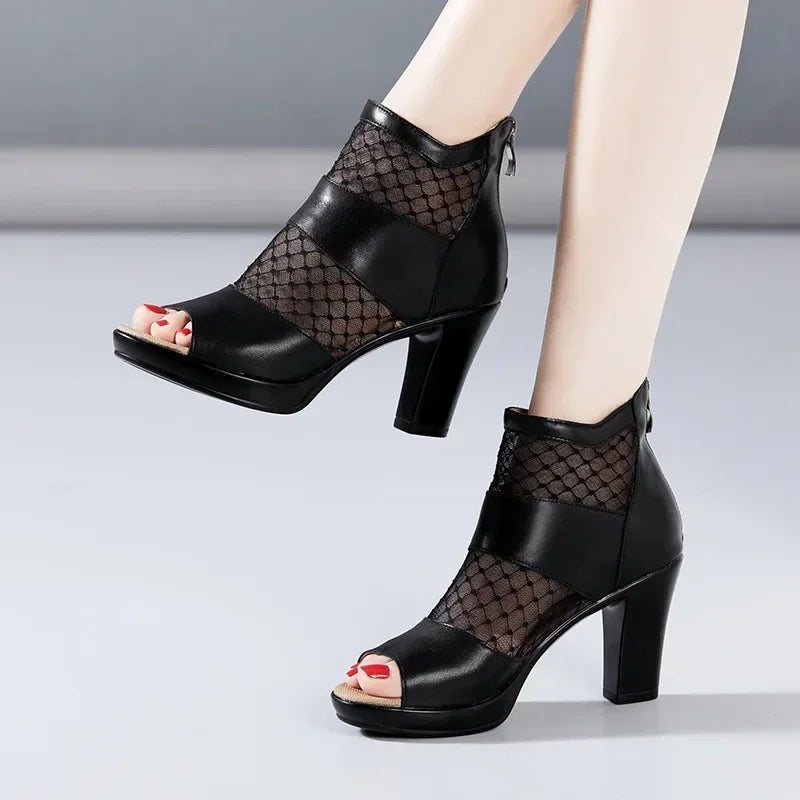Peep Toe Cutout Lace Soft Leather Block High Heel Gladiator Sandals Size 32-43
