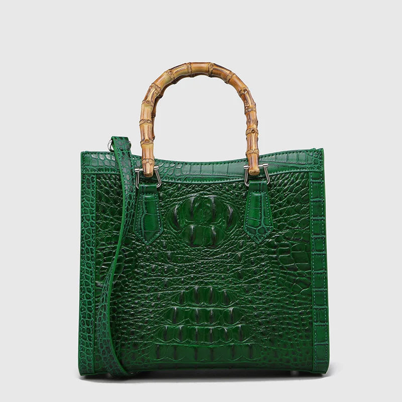 Crocodile Pattern Leather Shoulder Bag with Bamboo Handle