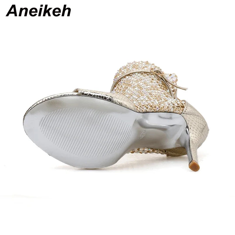 Aneikeh Glitter Gladiator Air Mesh Sexy Sandals High Heel Peep Toe Stripper Zipper Party Thin Heels Pumps