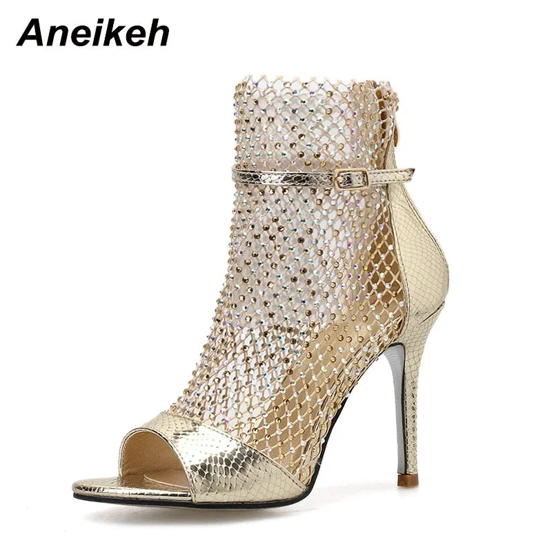 Aneikeh Glitter Gladiator Air Mesh Sexy Sandals High Heel Peep Toe Stripper Zipper Party Thin Heels Pumps