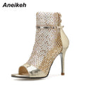 Aneikeh Glitter Gladiator Air Mesh Sexy Sandals High Heel Peep Toe Stripper Zipper Party Thin Heels Pumps