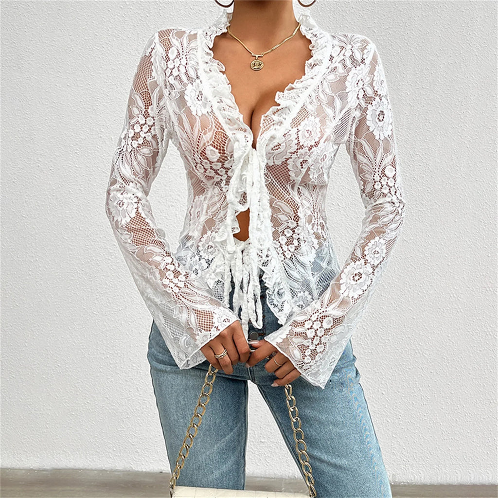 Sheer Mesh Lace Tie-Front Top
