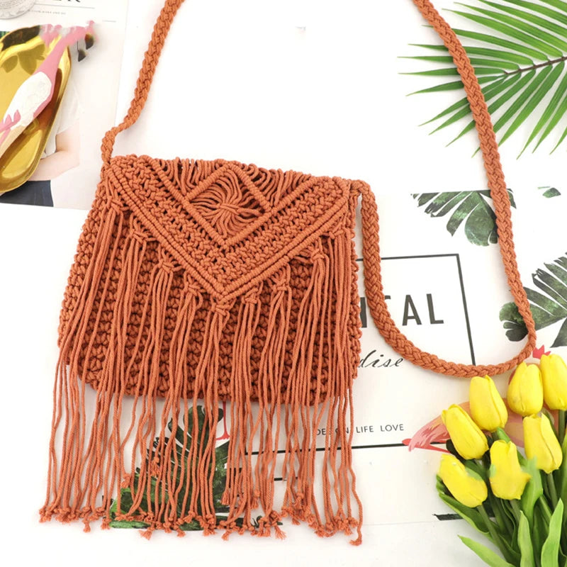 Handmade Cotton Woven Tassel Crossbody Bag for Women