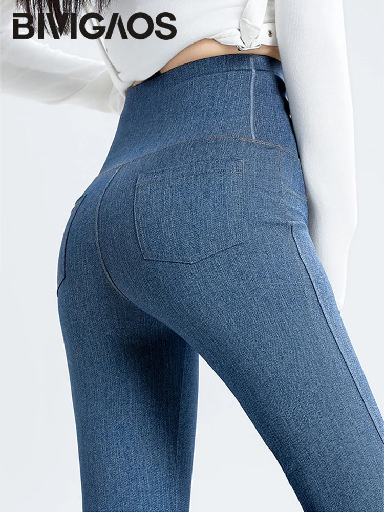 BIVIGAOS 2025 Spring New Jeans Flared Leggings Pants Women High Waist Pocket Stretch Fitness Leggings Slim Tight Sexy Jeggings