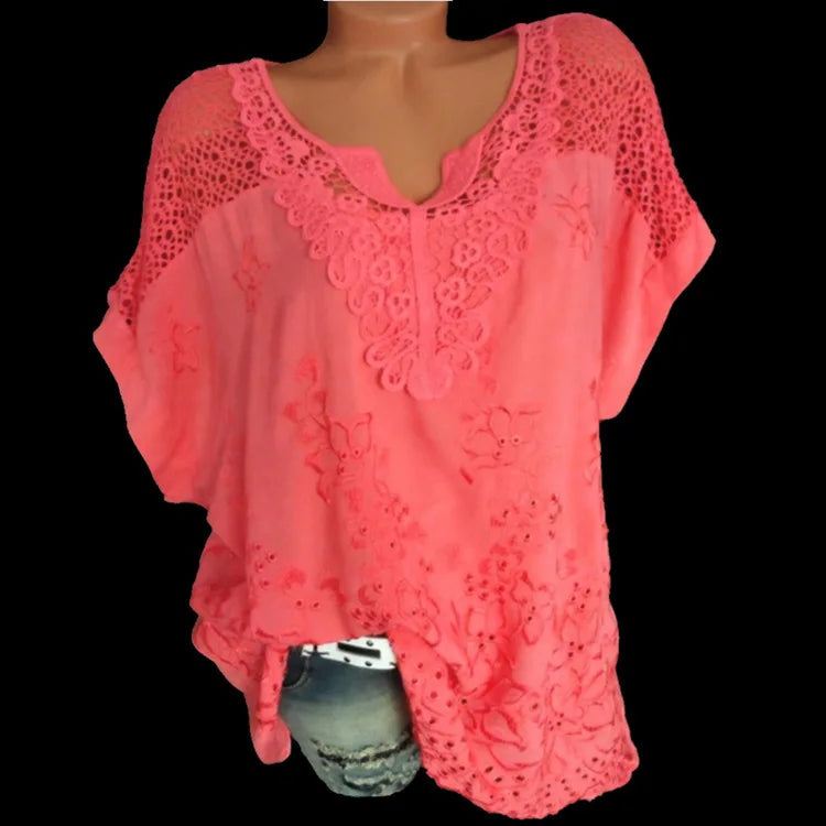 White Lace Patchwork Short Sleeve Blouse