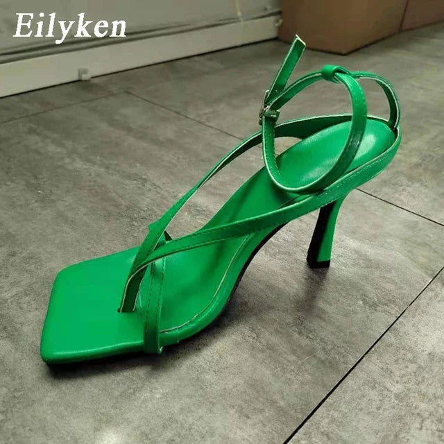 Eilyken Summer Fashion Square Pinch Open Narrow Band Women Sandals Ankle Buckle Strap Thin Heels