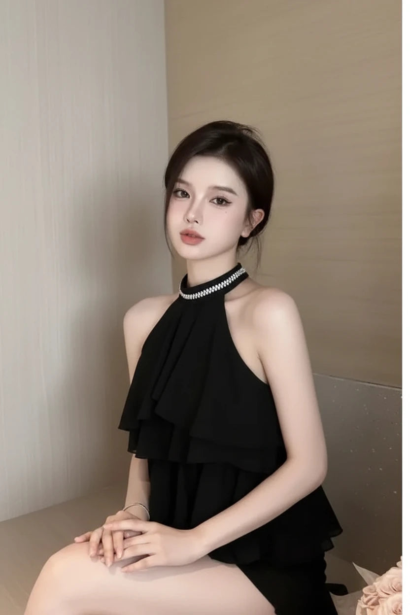 Tiered Ruffle Chiffon Halter Blouse