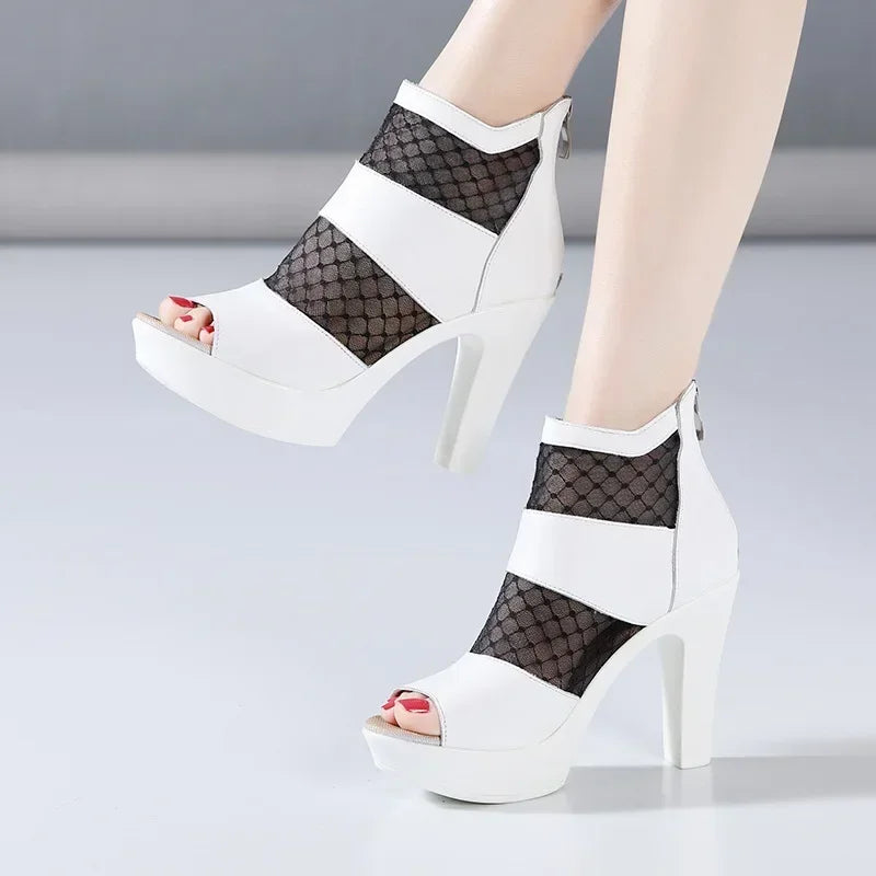 Peep Toe Cutout Lace Soft Leather Block High Heel Gladiator Sandals Size 32-43