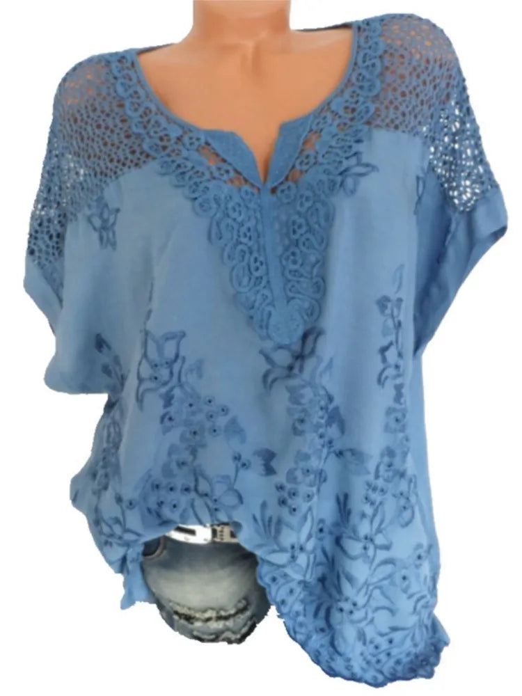 White Lace Patchwork Short Sleeve Blouse