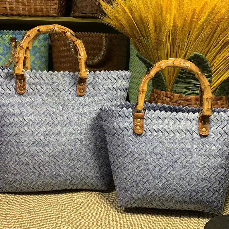 Vintage Rattan Woven Basket Bag with Bamboo Handle