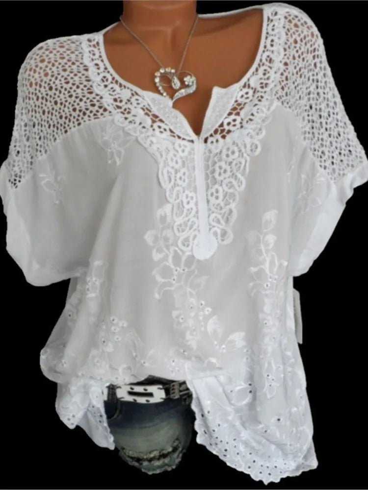 White Lace Patchwork Short Sleeve Blouse