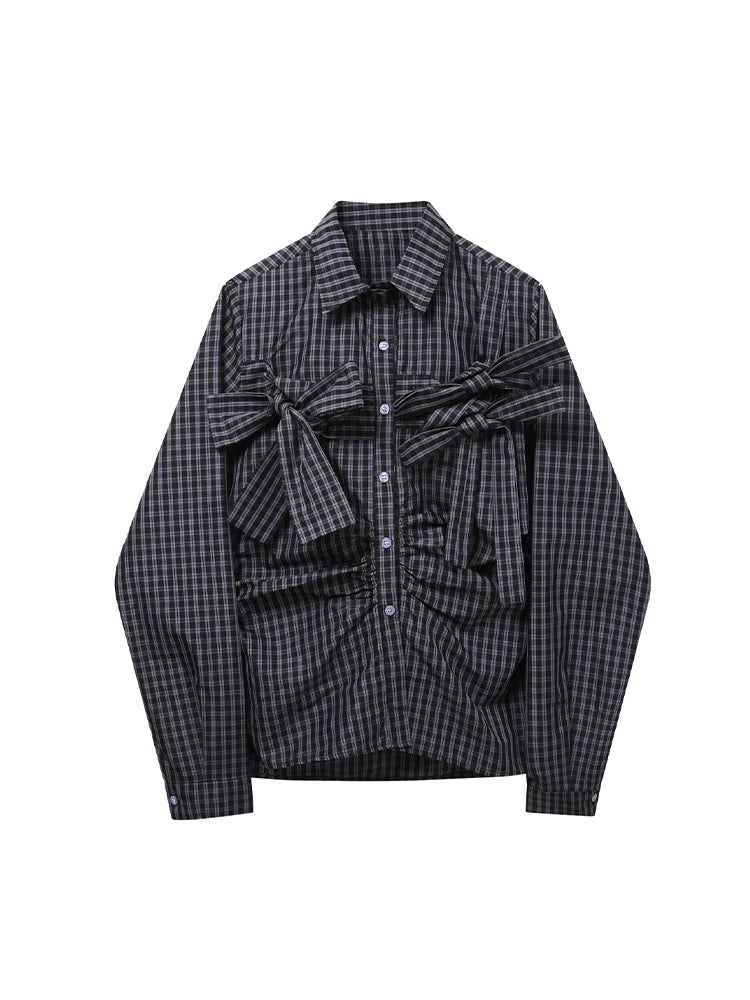 Y2K Plaid Bow Long Sleeve Shirt