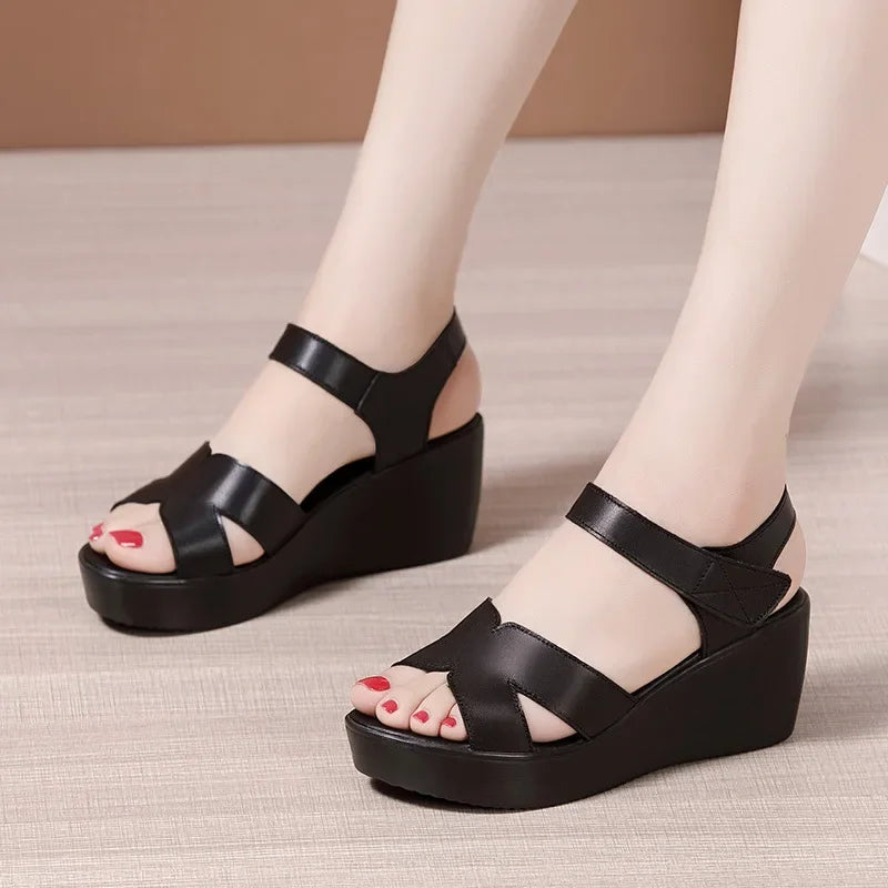 Soft Leather Med Heel Wedge Sandals for Office Beach Plus Size 33-43