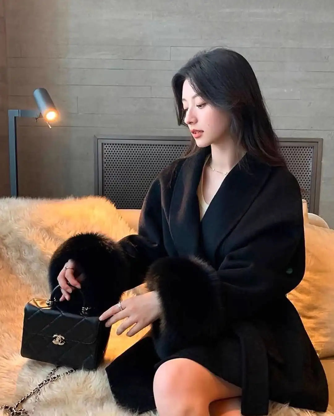 Fur Patchwork Woolen Short Coat Fashion Solid Lace Up Lapel Furry Belt Long Sleeve Loose Jacket  2025 New Autumn Winter Cardigan