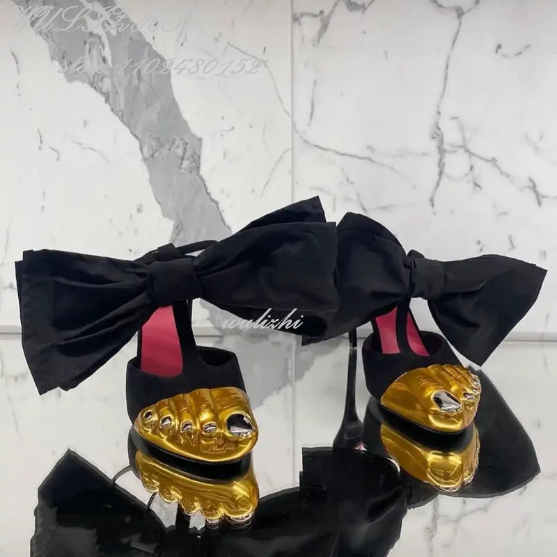 Big Bow Metallic Split Toe Stiletto Heels with Ankle Strap