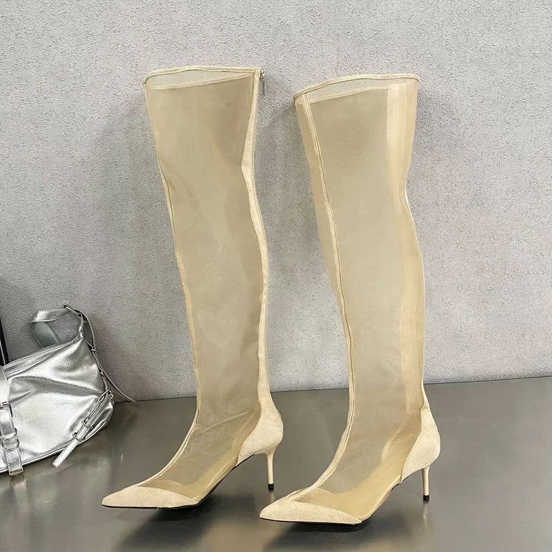 Eilyken Mesh Pointed Toe Over-the-Knee Boot Sandals with Zipper