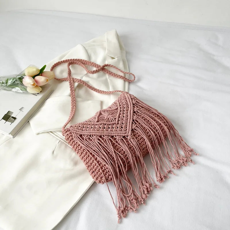 Handmade Cotton Woven Tassel Crossbody Bag for Women