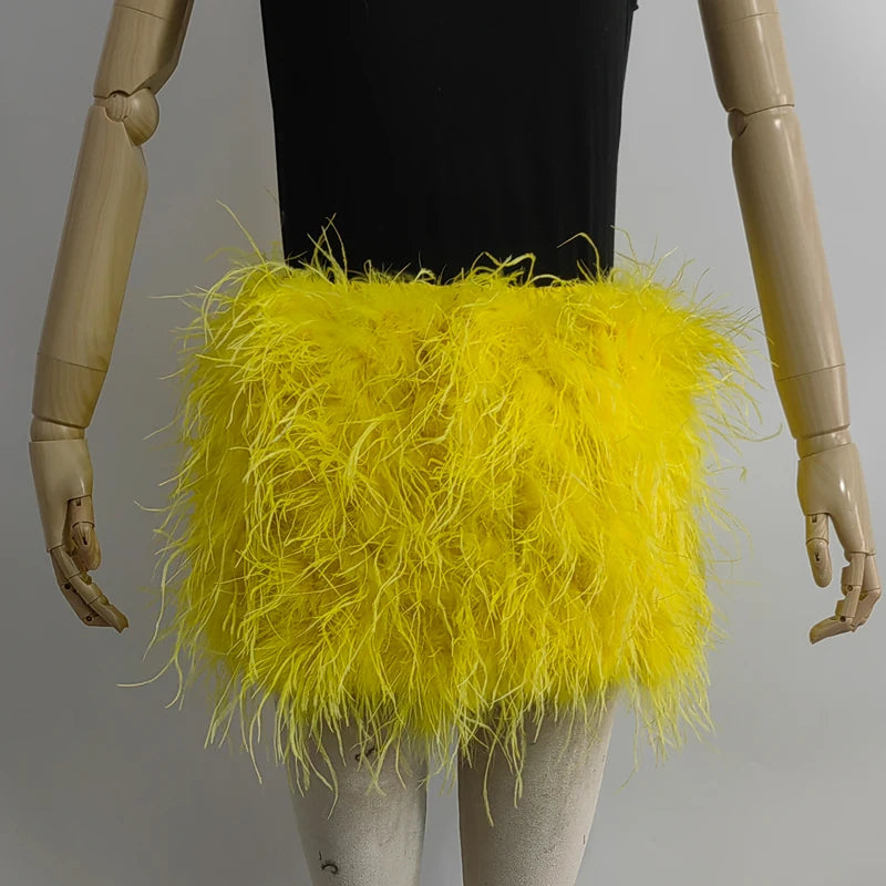 True ostrich feather Multicolor Mini Skirt Elastic Waist  Sexy Clothing Club Party Dance Rave Short Skirt Note select 3 colors