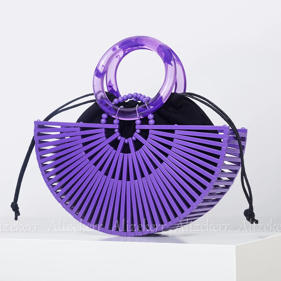 Vintage Half Round Bamboo Beach Bag with Acrylic Handle