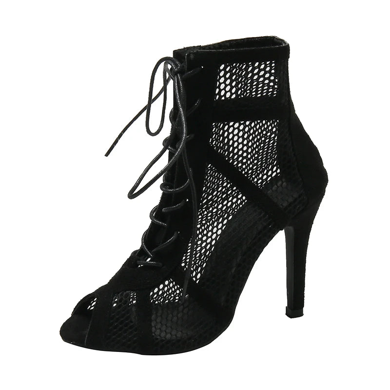 Sexy High Heels Hollow Mesh Sandals Women Summer Cross-tied Peep Toe Ankle Strap Dance Shoes Black Net