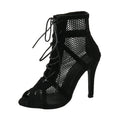 Sexy High Heels Hollow Mesh Sandals Women Summer Cross-tied Peep Toe Ankle Strap Dance Shoes Black Net