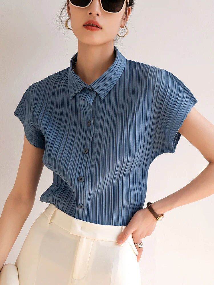 Miyake Pleated Short Sleeve Polo Cardigan