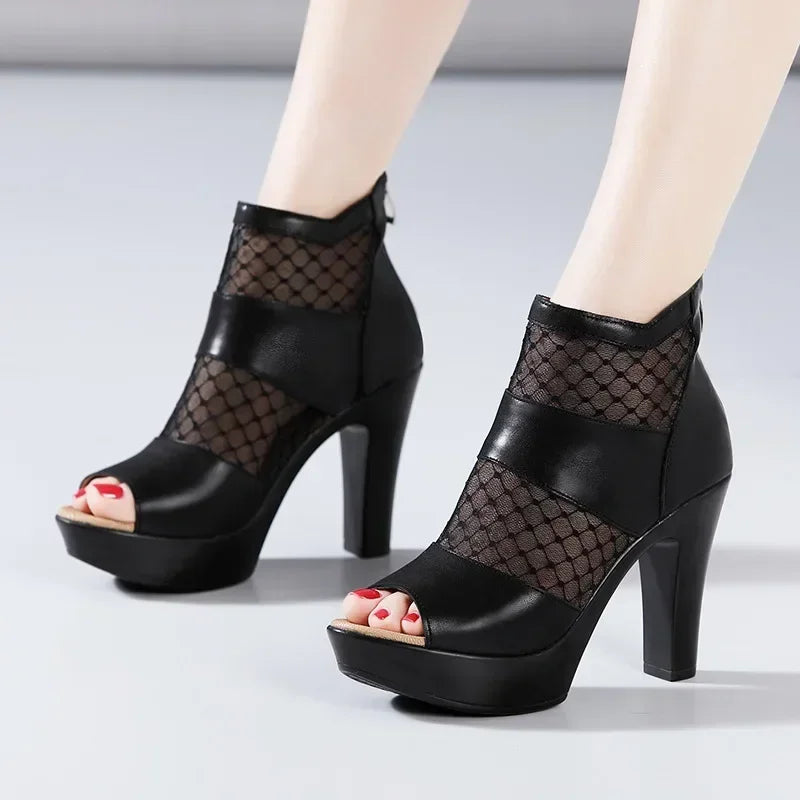 Peep Toe Cutout Lace Soft Leather Block High Heel Gladiator Sandals Size 32-43