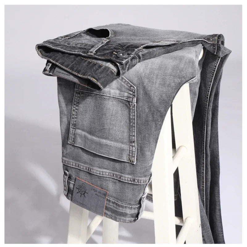 2024 Cotton Stretch Jeans Business Casual Men's Thin Denim Jeans Grey Spring Summer Brand New Fit Straight Lightweight
