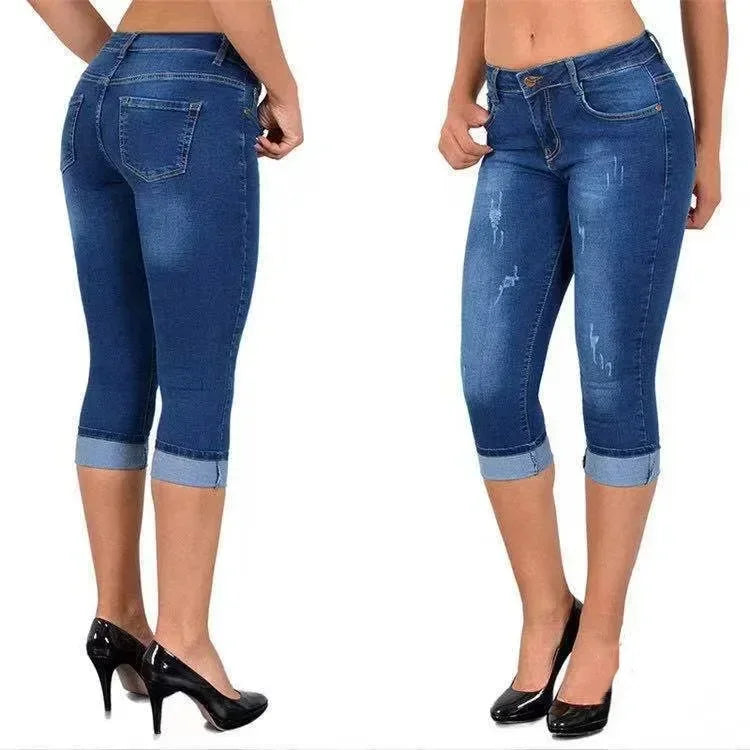 2025 Women's Summer Skinny Denim Pants Jeans Mid Waist Stretch Capri Pants Knee Length Trousers Black Blue Ladies Pencil Pants
