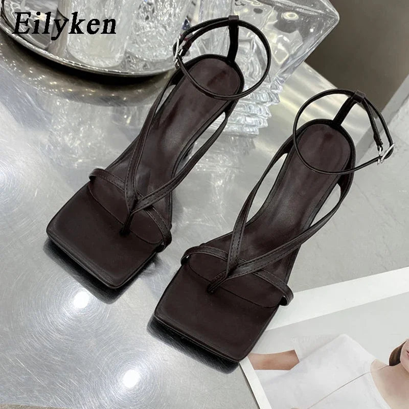 Eilyken Summer Fashion Square Pinch Open Narrow Band Women Sandals Ankle Buckle Strap Thin Heels