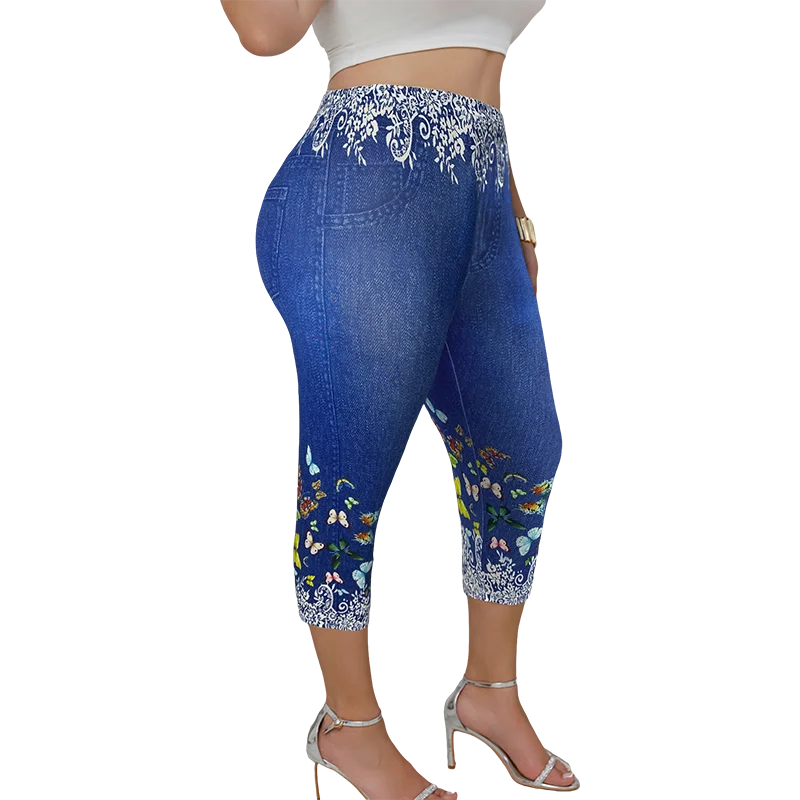 Butterfly Print Denim-Look Capri Leggings