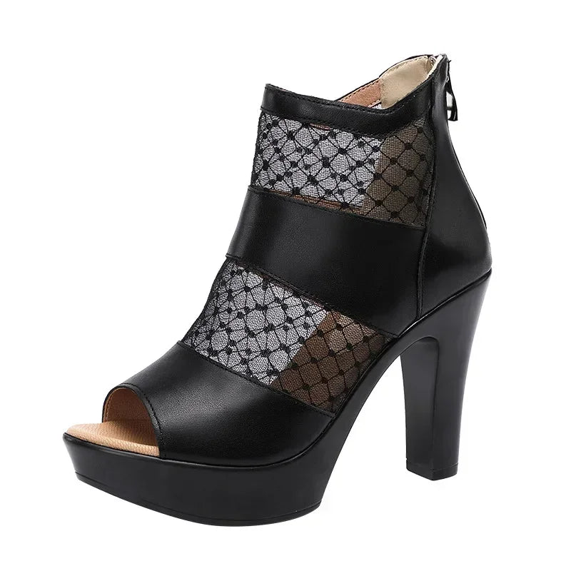 Peep Toe Cutout Lace Soft Leather Block High Heel Gladiator Sandals Size 32-43