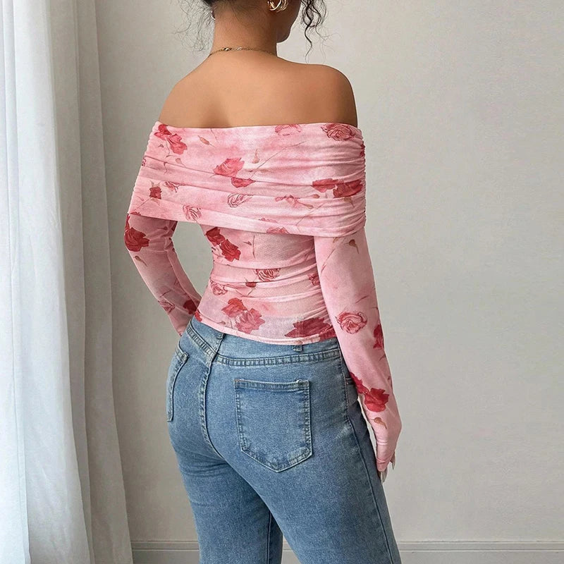 Printed Off-Shoulder Irregular Hem Top