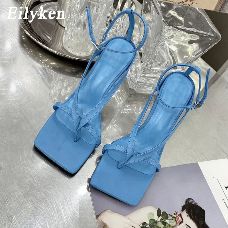 Eilyken Summer Fashion Square Pinch Open Narrow Band Women Sandals Ankle Buckle Strap Thin Heels