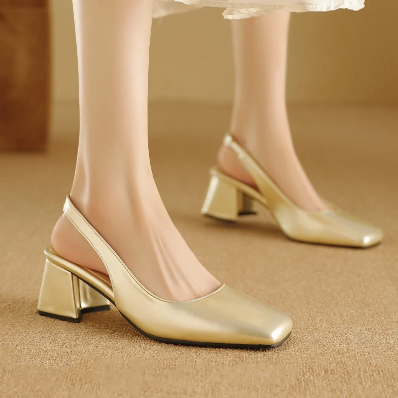 Women's Block Heels Pumps Elegant Summer Sandals Close Toe Slingback Office Wedding Dress Shoes