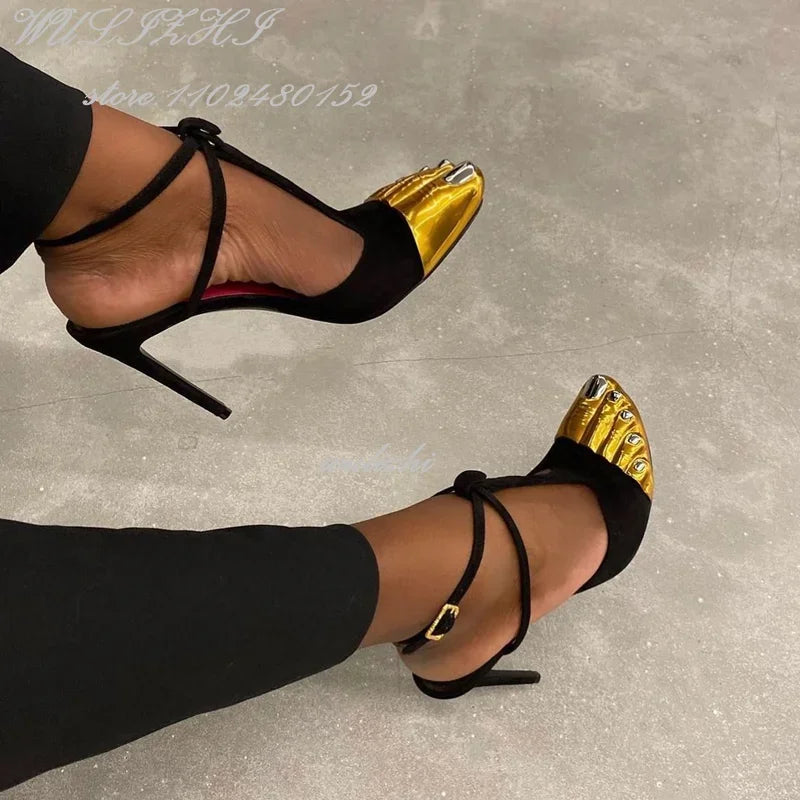 Big Bow Metallic Split Toe Stiletto Heels with Ankle Strap