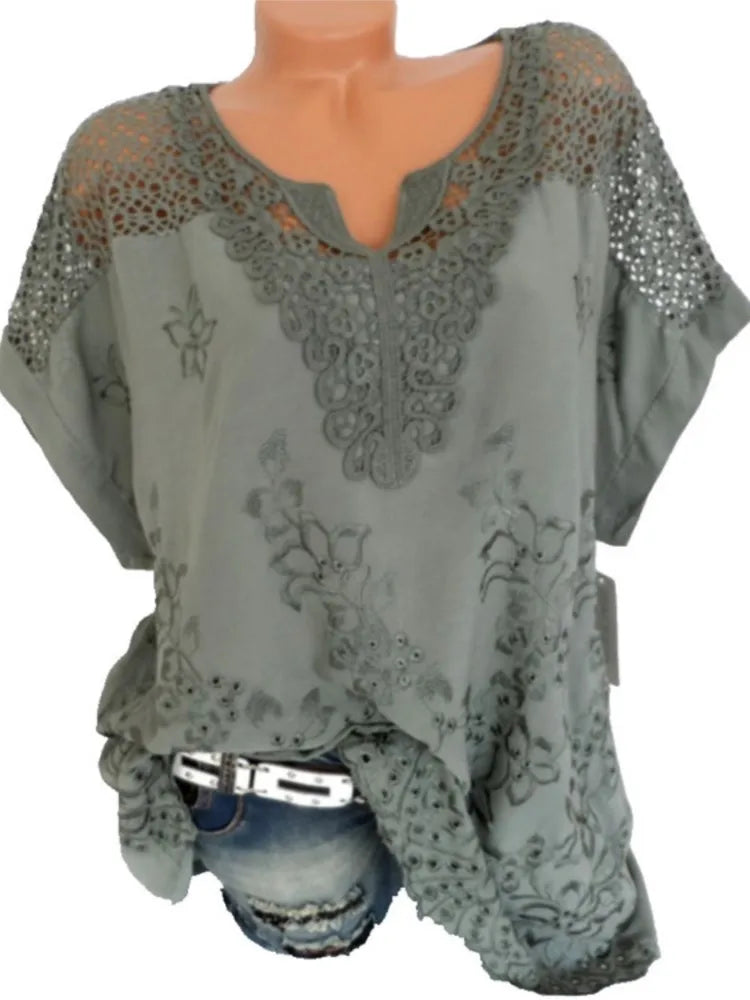 White Lace Patchwork Short Sleeve Blouse