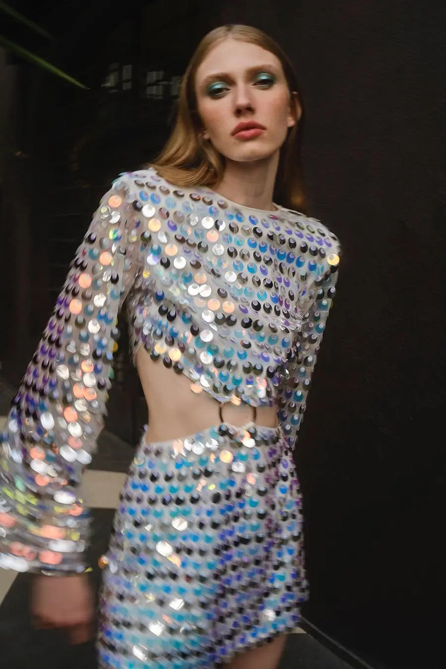 Sequin Glitter Flare Sleeve Mini Dress