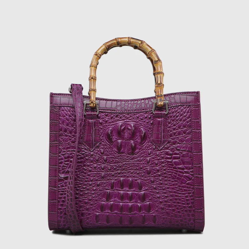 Crocodile Pattern Leather Shoulder Bag with Bamboo Handle